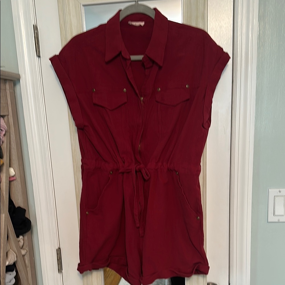 Red Button-Up Romper - Picture 1 of 5